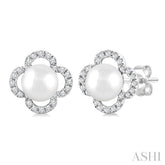 5 MM Cultured Pearl and 1/6 Ctw Round Cut Diamond Clover Petite Fashion Earrings in 10K White Gold