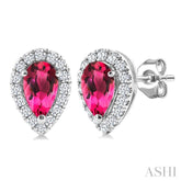 5x3 MM Pear Shape Pink Tourmaline and 1/8 Ctw Round Cut Diamond Halo Semi-Precious Stud Earrings in 10K White Gold