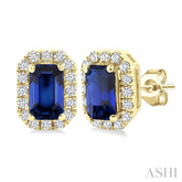 5x3 MM Octagonal Shape Sapphire and 1/8 Ctw Round Cut Diamond Halo Precious Stud Earrings in 14K Yellow Gold