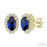 5x3 MM Oval Shape Sapphire and 1/8 Ctw Round Cut Diamond Halo Precious Stud Earrings in 10K Yellow Gold