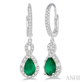 6x4 MM Pear Cut Emerald and 1/2 Ctw Round Cut Diamond Precious Earrings in 14K White Gold