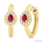 4X3 MM Pear Cut Ruby and 1/10 Ctw Petite Round Cut Halo Diamond Fashion Huggies in 10K Yellow Gold