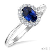 6x4 MM Oval Shape Sapphire and 1/6 Ctw Round Cut Diamond Halo Precious Ring in 14K White Gold
