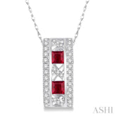 3x3 MM Princess Cut Ruby and 1/5 Ctw Round Cut Diamond Precious Pendant in 14K White Gold with Chain