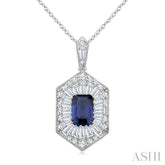 1/2 Ctw Art Deco Hexagon 6X4MM Octagon Shape Sapphire, Baguette and Round Cut Diamond Precious Pendant With Chain in 14K White Gold