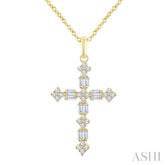 1/3 Ctw Floral Cross Fusion Baguette and Round Cut Diamond Fashion Pendant With Chain in 14K Yellow Gold