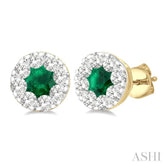 3.3 MM Emerald and 1/2 Ctw Round Cut Diamond Lovebright Precious Stud Earrings in 14K Yellow & White Gold