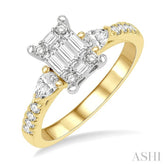 3/4 Ctw Emerald Shape Baguette, Pear and Round Cut Diamond Fusion Engagement Ring in 14K Yellow and White Gold