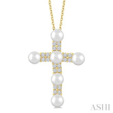4 MM Cross Cultured Pearl and 1/5 Ctw Round Cut Diamond Semi-Precious Fashion Pendant With Chain in 10K Yellow Gold
