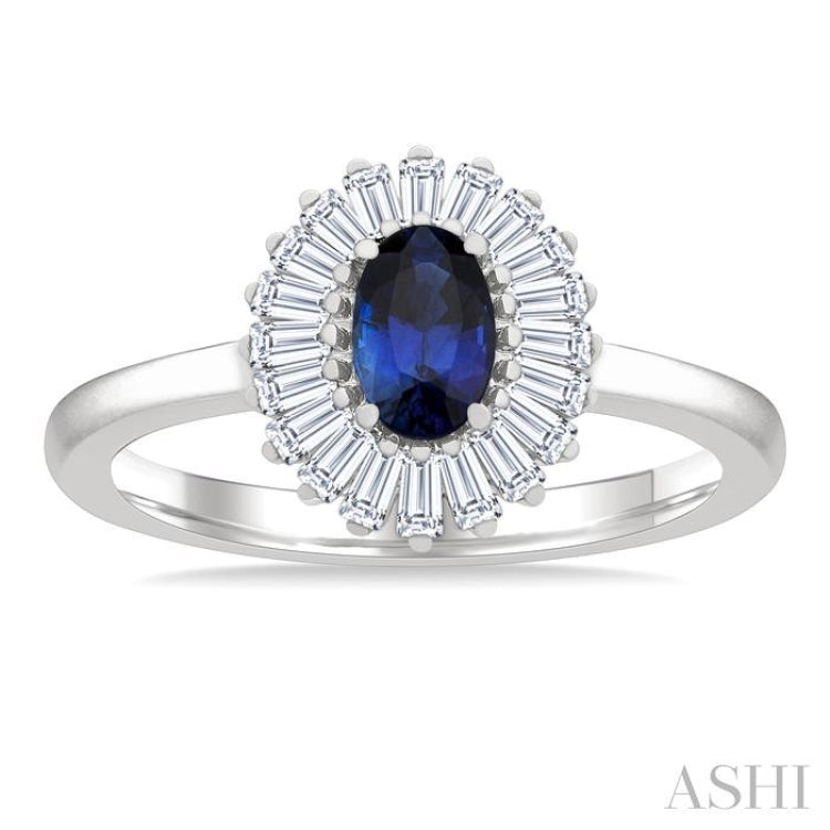 6X4 MM Oval Cut Sapphire and 1/3 Ctw Baguette Cut Diamond Halo Precious Fashion Ring in 14K White Gold