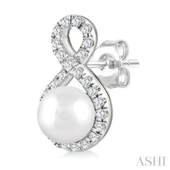 5 MM Cultured Pearls and 1/5 Ctw Round Cut Diamond Petite Earrings 10K White Gold