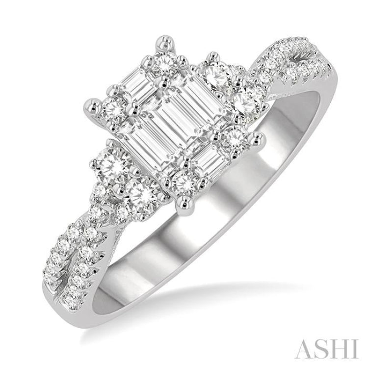 3/4 Ctw Split Criss Cross Shank Fusion Baguette and Round Cut Diamond Engagement Ring in 14K White Gold