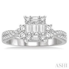 3/4 Ctw Split Criss Cross Shank Fusion Baguette and Round Cut Diamond Engagement Ring in 14K White Gold