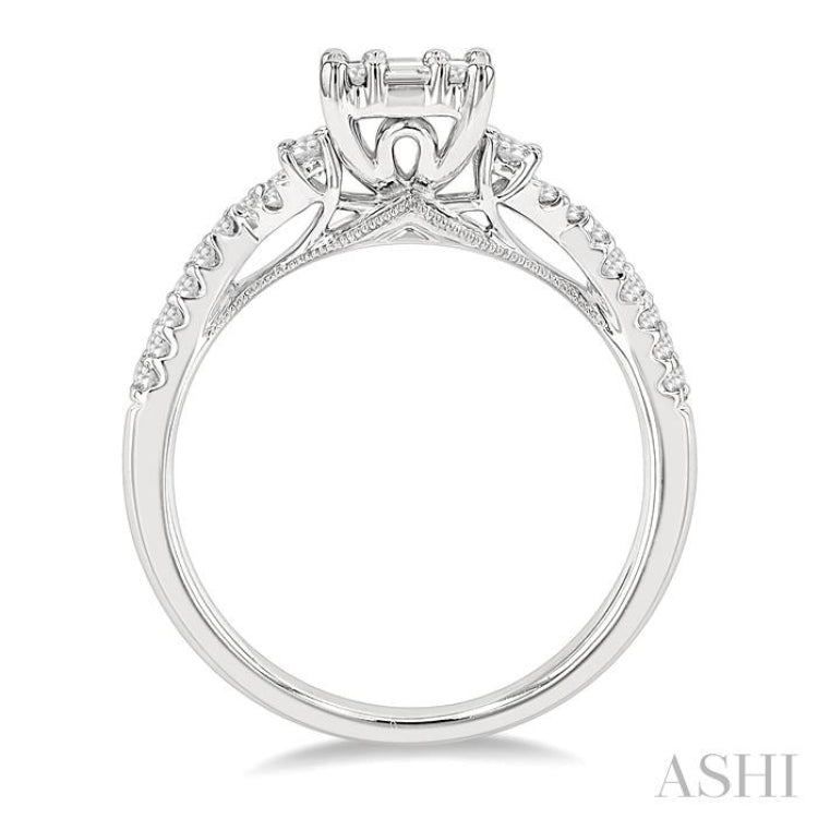 3/4 Ctw Split Criss Cross Shank Fusion Baguette and Round Cut Diamond Engagement Ring in 14K White Gold