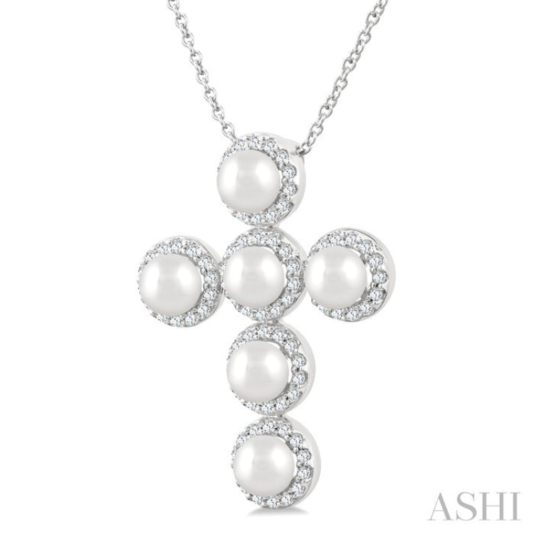 4 MM Cross Cultured Pearl and 1/3 Ctw Round Cut Diamond Pendant With Chain in 14K White Gold