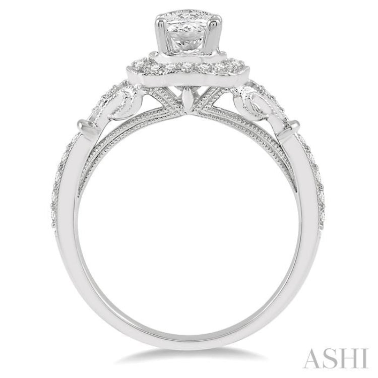 1/3 Ctw Lattice Oval Shape Semi-Mount Round Cut Diamond Engagement Ring in 14K White Gold