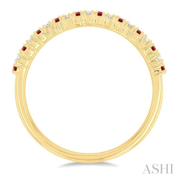 1.35 MM Round Shape Ruby and 1/10 Ctw Petite Round Cut Diamond Precious Stack Band in 10K Yellow Gold