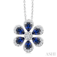 4X3 MM Floral Blossom Pear Cut Sapphire and 1/6 Ctw Round Cut Diamond Precious Pendant With Chain in 14K White Gold