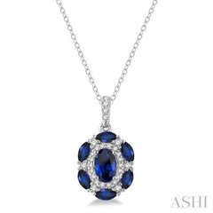 6x4 MM Oval Cut & 4x2 MM Marquise Cut Sapphire and 1/6 Ctw Round Cut Diamond Precious Pendant With Chain in 14K White Gold