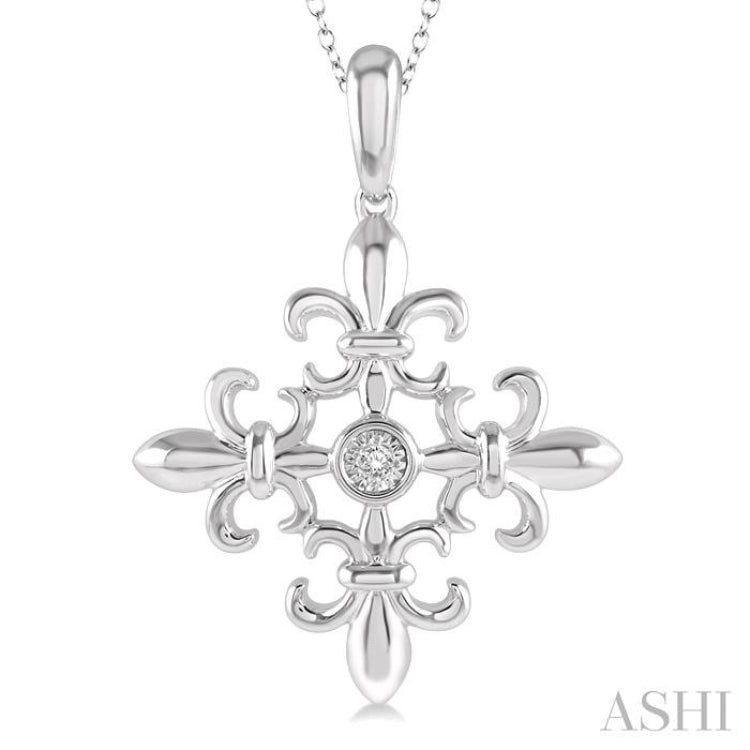 1/50 Ctw Fleur De Lis Round Cut Diamond Pendant With Chain in Sterling Silver