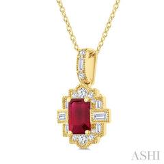 6X4 MM Octagon Shape Ruby and 1/4 Ctw Round and Baguette Cut Diamond Precious Pendant With Chain in 14K Yellow Gold