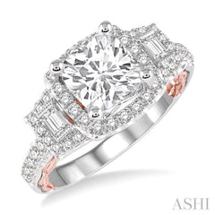 5/8 Ctw Cushion Shape Semi-Mount Baguette and Round Cut Diamond Engagement Ring in 14K White and Rose Gold