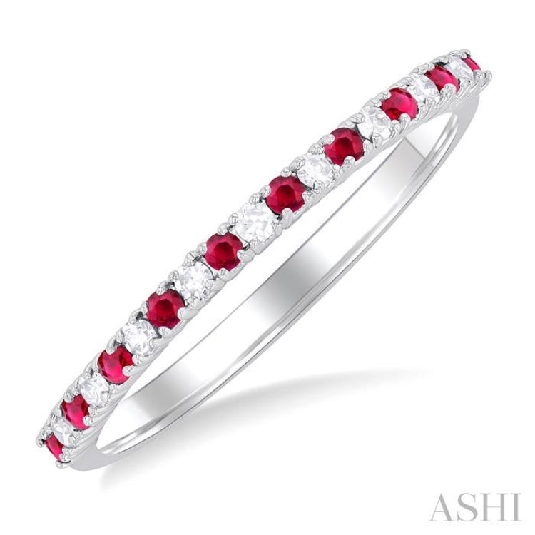 1.35 MM Round Shape Ruby and 1/10 Ctw Petite Round Cut Diamond Precious Stack Band in 10K White Gold