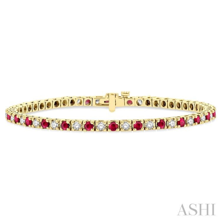 2.5 MM Ruby and 1 1/2 Ctw Round Cut Diamond Square Box Link Precious Tennis Bracelet in 14K Yellow Gold