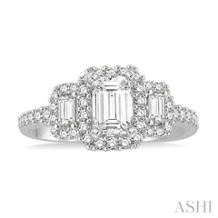 5/8 Ctw Diamond Ladies Engagement Ring with 1/4 Ct Emerald Cut Center Stone in 14K White Gold