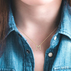 1/20 Ctw Initial 'M' Round Cut Diamond Pendant With Chain in 10K Yellow Gold