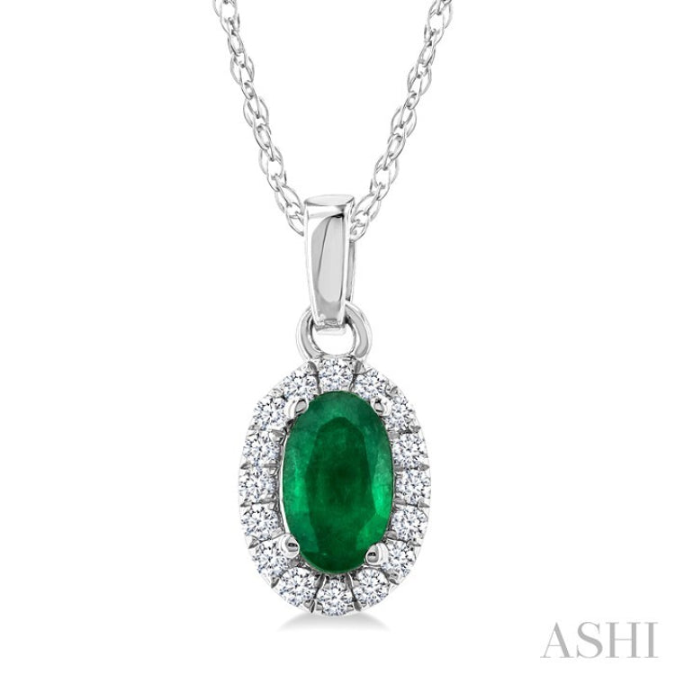 5x3 MM Oval Shape Emerald and 1/20 Ctw Round Cut Diamond Halo Precious Pendant with Chain in 10K White Gold