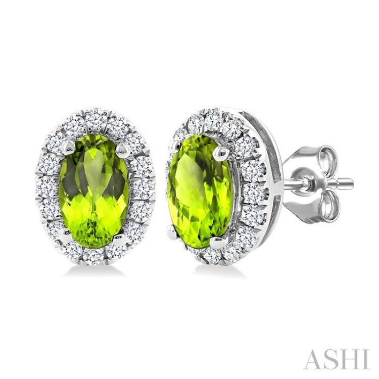 5x3 MM Oval Shape Peridot and 1/8 Ctw Round Cut Diamond Halo Semi-Precious Stud Earrings in 10K White Gold