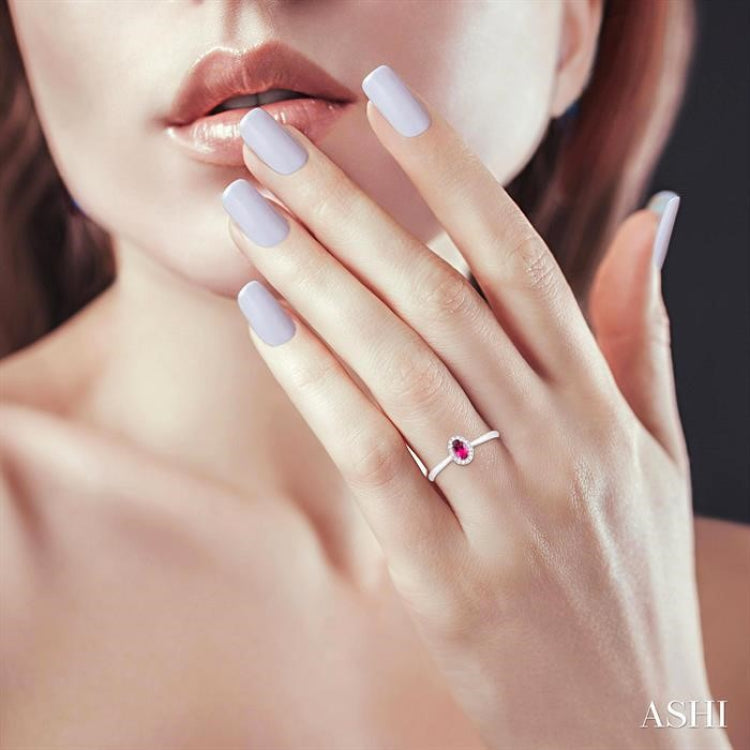 5x3 MM Oval Shape Pink Tourmaline and 1/20 Ctw Round Cut Diamond Halo Semi-Precious Ring in 10K White Gold