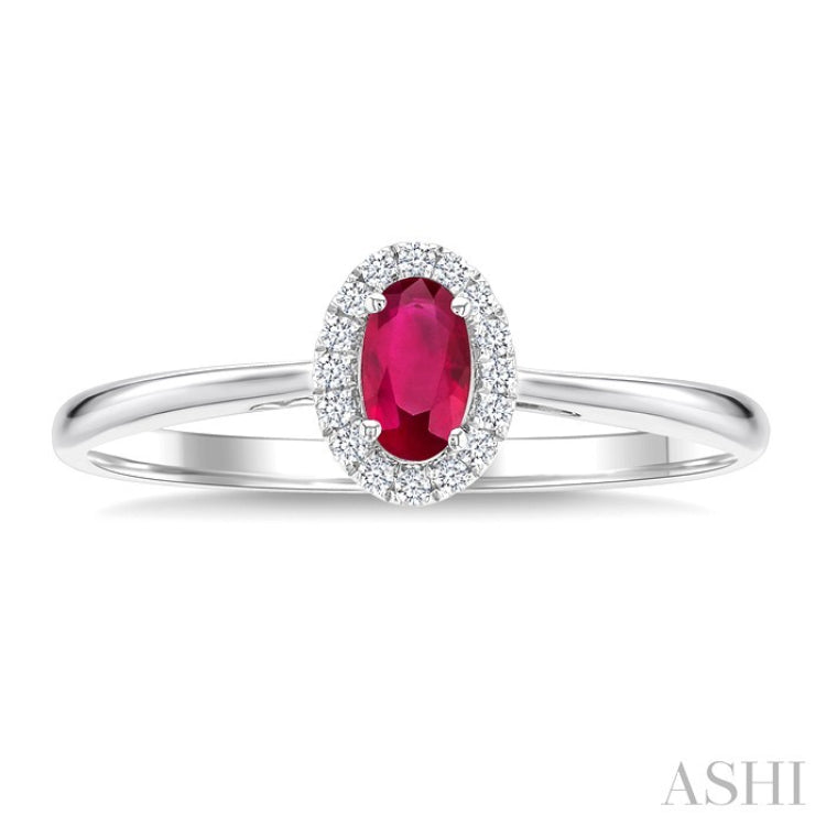 5x3 MM Oval Shape Ruby and 1/20 Ctw Round Cut Diamond Halo Precious Ring in 10K White Gold