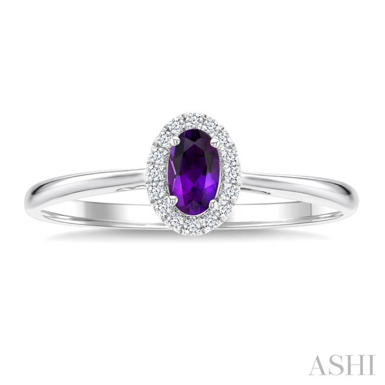 5x3 MM Oval Shape Amethyst and 1/20 Ctw Round Cut Diamond Halo Semi-Precious Ring in 10K White Gold