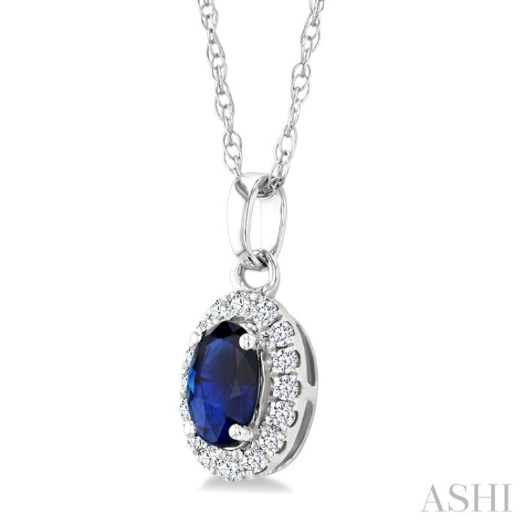5x3 MM Oval Shape Sapphire and 1/20 Ctw Round Cut Diamond Halo Precious Pendant with Chain in 10K White Gold