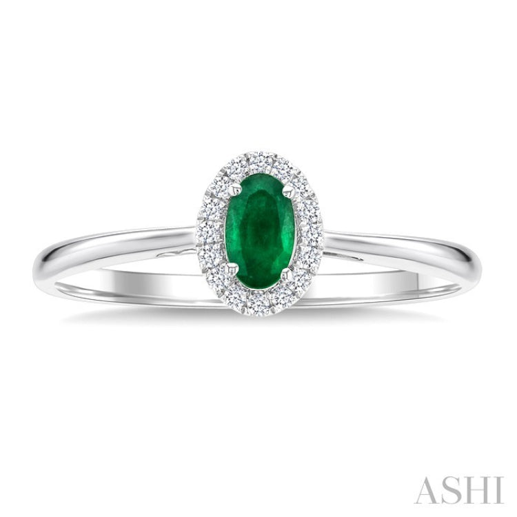 5x3 MM Oval Shape Emerald and 1/20 Ctw Round Cut Diamond Halo Precious Ring in 10K White Gold