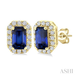 5x3 MM Octagonal Shape Sapphire and 1/8 Ctw Round Cut Diamond Halo Precious Stud Earrings in 14K Yellow Gold
