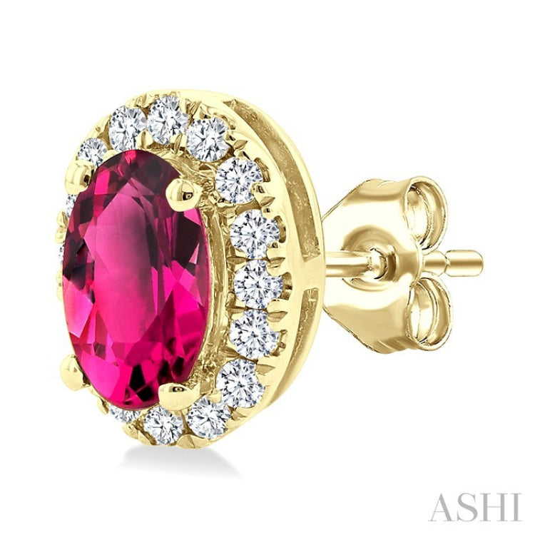 5x3 MM Oval Shape Pink Tourmaline and 1/8 Ctw Round Cut Diamond Halo Semi-Precious Stud Earrings in 10K Yellow Gold
