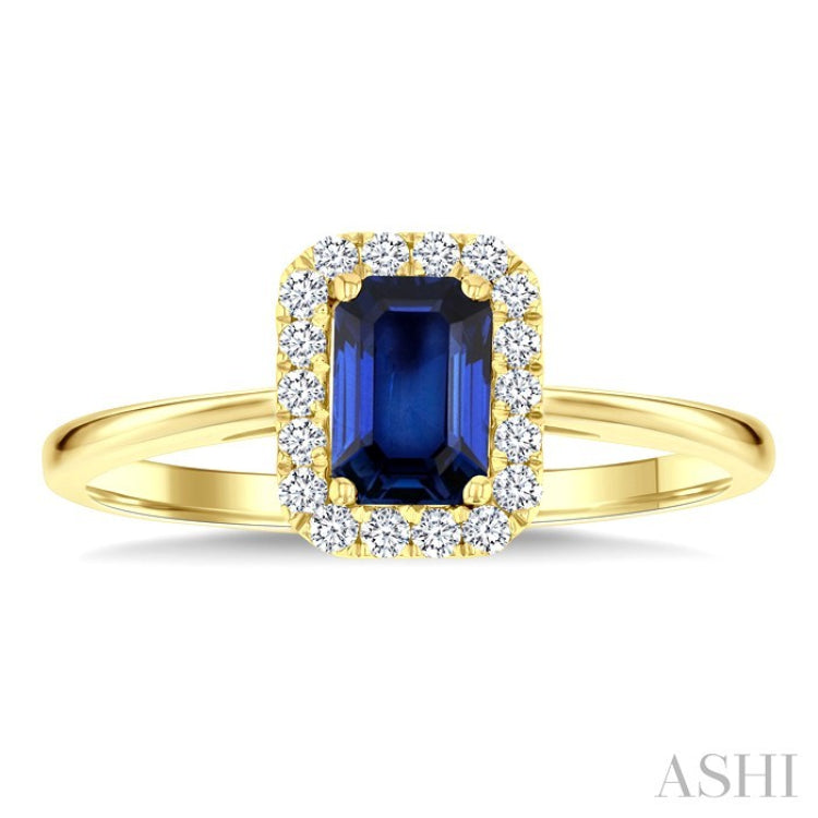 6x4 MM Octagonal Shape Sapphire and 1/6 Ctw Round Cut Diamond Halo Precious Ring in 14K Yellow Gold