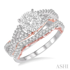 7/8 Ctw Lovebright Diamond Wedding Set With 5/8 Ctw Round Entwined Shank Engagement Ring and 1/5 Ctw Wedding Band in 14K White and Rose Gold