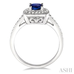 5x5 MM Cushion Shape Sapphire and 1/4 Ctw Round Cut Diamond Ring in 14K White Gold