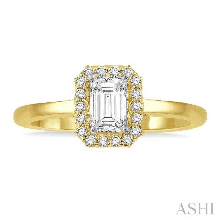 1/3 Ctw Round Cut Diamond Engagement Ring With 1/4 Ct Emerald Cut Center Stone in 14K Yellow and White Gold