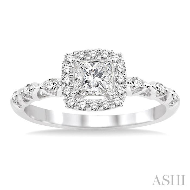 1/2 Ctw Diamond Engagement Ring with 1/4 Ct Princess Cut Center Stone in 14K White Gold