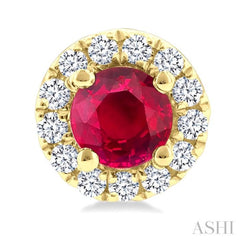 3.25 MM Round Ruby and 1/10 Ctw Round Cut Diamond Halo Precious Stud Earrings in 14K Yellow Gold
