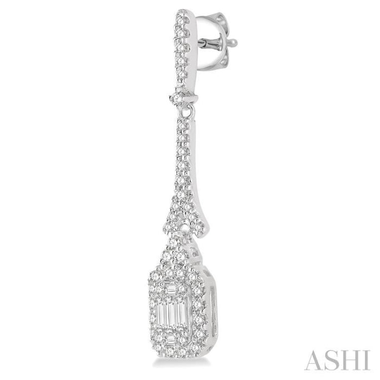 5/8 Ctw Long Baguette & Round Cut Diamond Earring in 14K White Gold