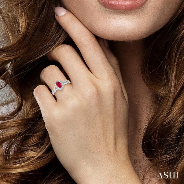 6x4 MM Oval Shape Center Stone Ruby and 1/5 Ctw Split Entwined Shank Round Cut Diamond Precious Ring in 10K White Gold