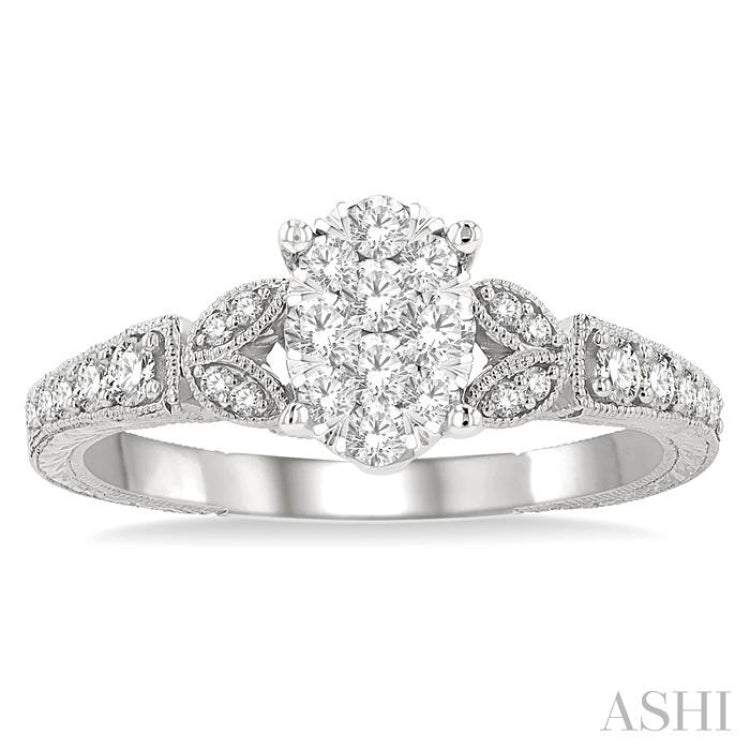 1/2 Ctw Oval Shape Leaf Carved Shank Lovebright Round Cut Diamond Engagement Ring in 14K White Gold