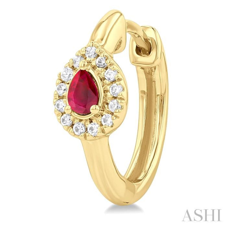 4X3 MM Pear Cut Ruby and 1/10 Ctw Petite Round Cut Halo Diamond Fashion Huggies in 10K Yellow Gold