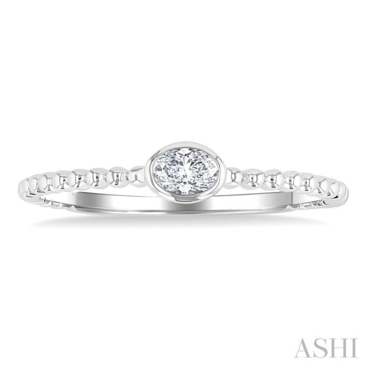 1/6 Ctw Ball Bead East-West Bezel Set Oval Cut Diamond Stackable Petite Fashion Ring in 14K White Gold